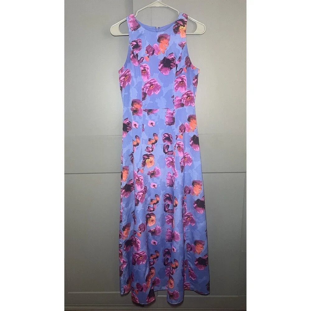Banana Republic Round Neck Poppy Floral Maxi Dress Purple Blue Size 2
